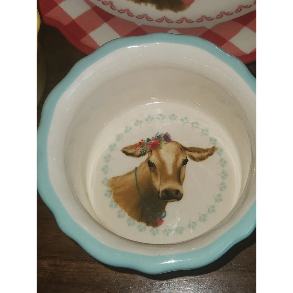 Pioneer Women Stoneware Ramekins Gingham Farm Animals 3 Ramkins & 1 plate